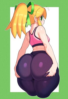 1girls ass blonde_hair blush champchidi female green_eyes hair_ribbon highres huge_ass long_hair looking_at_viewer mega_man_(series) open_mouth ponytail ribbon roll roll_(mega_man) solo sports_bra