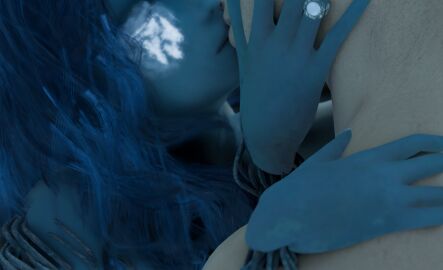 1boys 1girls 3d 4_arms accurate_body_type blender blue_body blue_hair closed_eyes doll elden_ring female fromsoftware hand_on_cheek kissing light-skinned_male light_skin male menininini multi_arm multi_limb ranni_the_witch straight wedding_ring