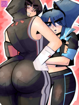 2girls agata_(fortnite) ass big_ass big_butt black_clothing blue_eyes blue_hair cat_ears cat_tail curvy female focus fortnite hope_(fortnite) parallel_vlad patreon_link vi_wesker