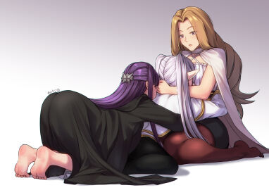 2024 2d 2d_(artwork) 3girls artist_name ass barefoot between_breasts breast_smother breasts brown_hair elf face_between_breasts female female_only fern_(sousou_no_frieren) frieren grey_hair head_between_breasts highres hug long_hair methode_(sousou_no_frieren) multiple_females multiple_girls pantyhose pointy_ears purple_hair questionable sfw simple_background smothering sousou_no_frieren toes twintails very_long_hair white_background wholesome yamauchi_(conan-comy) yuri