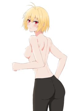 1girls ahoge arcueid_brunestud ass black_panties blonde_hair blush breasts female huge_ass large_breasts legwear_only looking_at_viewer melty_blood naked_upper_body no_bra no_shirt pantyhose red_eyes short_hair sideboob simple_background thick_thighs thighs tsukihime turning_head weilaizuigao703
