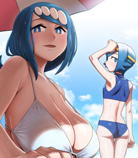 2girls arm_up ass beach_umbrella bikini blue_bikini blue_eyes blue_hair breasts bright_pupils cloud day eyelashes female hair_ornament hairband hanging_breasts highres lana's_mother_(pokemon) lana_(pokemon) long_hair mother_and_daughter multiple_females multiple_girls nintendo open_mouth outdoors pokemon pokemon_(anime) pokemon_sm_(anime) short_hair shoulder_blades sky sweat swimsuit tech_control umbrella white_pupils wholesome yellow_hairband