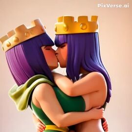 ai ai_animation ai_art ai_generated animated archer_queen_(clash_of_clans) archer_queen_(clash_royale) big_ass big_breasts female kissing purple_hair tagme video