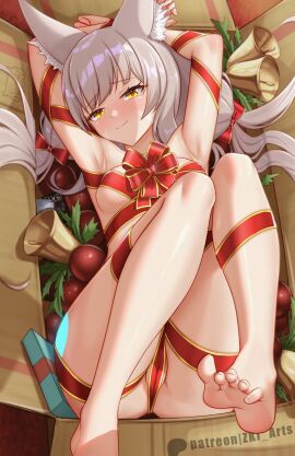 1girls arms_behind_back arms_up ass bell blush bondage box breasts bubble_ass bubble_butt cat_ears cat_girl catgirl christmas facial_mark female female_only gift gift_box highres in_box in_container large_ass long_hair looking_at_viewer monolith_soft nia nintendo nude red_ribbon ribbon silver_hair small_breasts thick_ass thick_thighs thighs twintails very_long_hair xenoblade_(series) xenoblade_chronicles_2 yellow_eyes z-ki