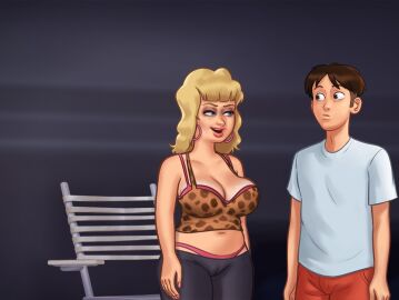1boy 1girls 2d 2d_(artwork) big_breasts blonde_hair blue_eyes bra breasts brown_hair cameltoe cleavage clothed clothing crystal_(summertime_saga) darkcookie digital_drawing_(artwork) digital_media_(artwork) duo earrings female female_focus light-skinned_female light-skinned_male light_skin long_hair main_character_(summertime_saga) male male/female medium_breasts milf panties pants pussy pussy_lips smile smiling summertime_saga underwear vagina