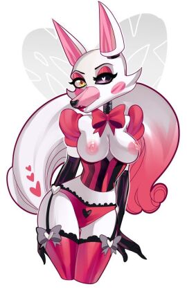 1girls animatronic anthro arctic_fox black_eye bowtie breasts ears exposed_breasts exposed_nipples female five_nights_at_freddy's five_nights_at_freddy's_2 fox fox_girl furry looking_at_viewer makeup mangle_(fnaf) nipples panties pink_fur smile solo solo_female solo_focus tagme tail thighhighs two-tone_body two-tone_fur white_body white_fur white_pupil yellow_eye
