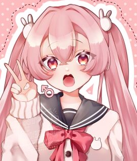 1boy anonymous_artist crossdressing cute femboy male male_symbol open_mouth otoko_no_ko peace_sign pink_hair safe_for_work school_uniform sfw trap twintails