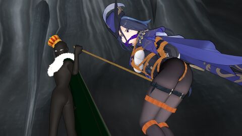 1boy 1girls 3d ass blue_hair breasts cleave_gag clorinde_(genshin_impact) dark-skinned_male duo female fontaine_girls gag gagged genshin_impact kidnapping male mmd nah pavro