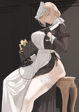 1girls big_breasts blonde_hair blue_eyes breasts dirty_blonde_hair female female_only hair_over_one_eye looking_at_viewer maid maid_uniform sitting solo thighhighs throtem