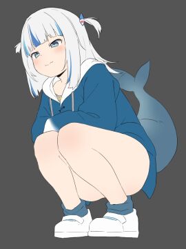 blue_eyes calves female from_below gawr_gura hololive hololive_english hololive_myth holomyth hoodie kachobi_(user_atuh5854) knees knees_together_feet_apart legs light_skin parka shark_girl shark_tail shoes tail thighs twintails virtual_youtuber white_hair young