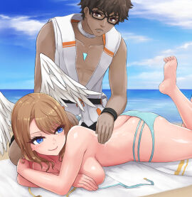 1boy 1girls angoha applying_sunscreen ass barefoot beach beach_towel big_breasts blue_eyes breast_press breast_squish breasts breasts_out brown_eyes core_crystal dark-skinned_male dark_skin eunie_(xenoblade) female foot_up glasses head_wings large_breasts light-skinned_female light_skin long_hair lotion lying lying_on_breasts lying_on_stomach male official_alternate_costume on_stomach smile squished_breasts sunscreen swimsuit taion_(xenoblade) towel untied_bikini_top white_wings wings wings_on_head xenoblade_(series) xenoblade_chronicles_3