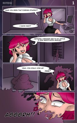 1girls before_transformation breasts breasts_bigger_than_head comic_page commission computer_keyboard computer_monitor computer_mouse ears_pointy female original original_character pink_hair pre-transformation rotei screaming slime smile tagme transformation