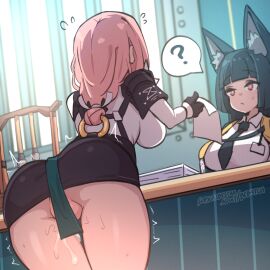 2girls ? animal_ear_fluff animal_ears artist_name ass ass_focus bebatch big_breasts black_gloves black_hair black_necktie black_skirt blunt_bangs breasts closed_mouth cowboy_shot desk dress_shirt female fox_ears fox_girl from_behind gloves high-waist_skirt hoshimi_miyabi indoors large_breasts looking_at_another multiple_females multiple_girls necktie no_panties pencil_skirt pink_hair pussy pussy_juice red_eyes shirt skirt sweatdrop tsukishiro_yanagi white_hair window zenless_zone_zero