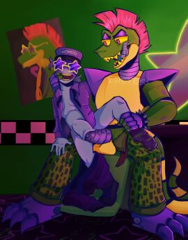 alligator_tail animatronic anon anthro background balls biceps blush body_markings cum cum_inside facial_markings female five_nights_at_freddy's five_nights_at_freddy's:_security_breach fnaf genital_fluids green_body human lighting_bolt machine male male/female male_penetrating mechanical_penis metallic_body metallic_penis mohawk mohawk_(hairstyle) montgomery_gator_(fnaf) muscular muscular_anthro muscular_arms muscular_male muscular_thighs nightguard non-human non_mammalian_nipples penis penis_in_pussy pink_glans pussy red_hair reptile reptile_humanoid robot robot_humanoid robot_penis robot_tongue self_insert simple_background sitting sitting_on_lap smile spiked_bracelet spotted_body tail tail_markings tattoo two-tone_body two-tone_fur ych_(character) yellow_balls