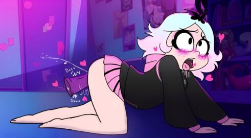 1girls blush bottomless breasts dildo dyed_hair edit emberlynn_pinkle emberlynn_pinkle_(human_form) female female_focus female_only heart helluva_boss hoodie human light_skin masturbation on_all_fours open_mouth pussy screencap screenshot screenshot_edit skirt solo thick_thighs vibrator vibrator_in_pussy