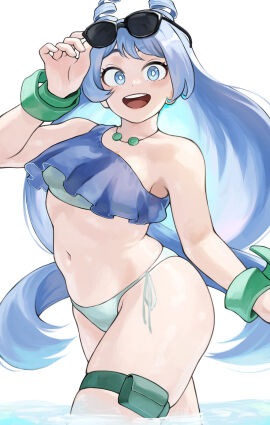 1girls bikini blue-haired_female blue_eyes blue_hair boku_no_hero_academia bracelet curvy female fengling_(furin-jp) furin0241 light-skinned_female light_skin my_hero_academia necklace nejire_hado sunglasses swimsuit thigh_strap water white_background