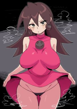 1girls @_@ angry_face big_breasts black_g-string blush breasts brown_hair buzzlyears female long_hair mega_man mega_man_legends pink_clothing tron_bonne