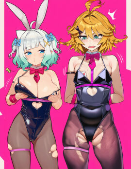 2girls ai_generated alternate_breast_size blonde_hair blue_eyes blush breast_envy dokibird grabbing_own_breast green_eyes green_hair huge_breasts indie_virtual_youtuber leotard mint_fantome small_breasts thighs torn_pantyhose virtual_youtuber white_hair wide_hips
