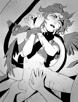 angel angel_wings ashe_(boyfriend_to_death) boyfriend_to_death crossdressing crying dubious_consent femboy femboy_focus femboy_only femboysub feminine feminine_faced_male feminine_male feminization gatobob_(gurobob) imminent_sex line_art male male/male male_focus male_only non-human penis penis_peek restrained restrained_arms restraints sano_kojima sensual tasteful tasteful_nudity twink wings