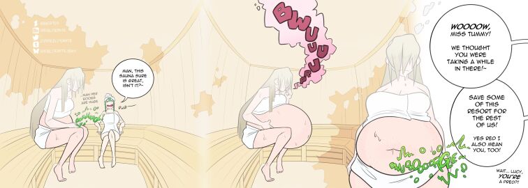 2girls belly blonde_hair comic_strip female female_only green_hair growling irateliterate multiple_females multiple_girls onomatopoeia sauna size_difference vore vore_belly