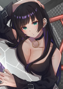 absurdres arm_belt arm_on_table arm_up barbell_piercing bare_shoulders belt belt_buckle black_belt black_choker black_hair black_shirt blunt_bangs blurry blurry_background bocchi_the_rock! breast_rest breasts breasts_on_table buckle cellphone chain-link_fence choker cleavage closed_mouth clothing_cutout collarbone colored_inner_hair commentary dutch_angle ear_piercing earclip earrings elbow_on_table female fence goth_fashion green_eyes hand_on_own_head head_tilt highres holding holding_phone indoors industrial_piercing jewelry labret_piercing large_breasts light_blush long_hair long_sleeves looking_at_phone multicolored_hair pa-san pendant_choker phone piercing puckered_lips purple_hair shirt shoulder_cutout sidelocks sleeves_past_wrists smartphone solo stud_earrings table two-tone_hair upper_body yozakurayuyu