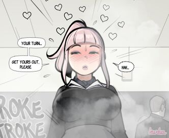 1futa blushing bulge exhibitionism futa_focus futa_with_male futanari heart implied_futa intersex lewdua magali_(lewdua) male masturbation school_uniform solo_focus stealth_masturbation steam