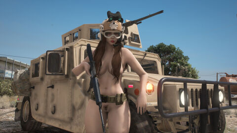 1girls 3d army belt breasts brown_eyes brown_hair car completely_naked completely_nude exhibitionism exhibitionist female female_focus female_only footwear glasses grand_theft_auto grand_theft_auto_online grand_theft_auto_v gun hair_covering_breasts hair_on_breasts hair_over_breasts helmet kemikarugaru long_hair looking_at_viewer military military_helmet military_vehicle naked naked_female naked_footwear naked_helmet nude nude_female nudism nudist nudity outdoor_nudity outdoors pubic_hair soldier solo tactical_nudity thick_thighs thin_waist vehicle