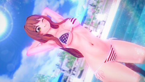 3d american_flag american_flag_bikini arms_behind_head bikini breasts brunette_hairbeach collarbone doki_doki_literature_club eyebrows_visible_through_hair female green_eyes koikatsu long_hair mashirosolera medium_breasts monika_(doki_doki_literature_club) ocean one_eye_closed patriotic_clothing sky sun thick_thighs us_flag usa_bikini
