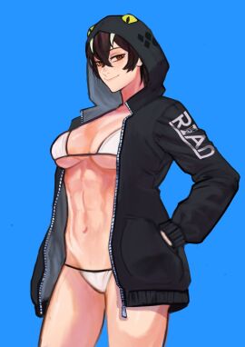 abs bikini black_hair explosifchoker female jacket muscular muscular_female nerine_(explosifchoker) oc original original_character sethkiell smile snake snake_hood string_bikini string_panties