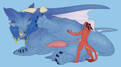 aetherxov anal anal_sex animal_genitalia anthro anus blue_body blue_claws blue_scales claws dragon duo erection feral genital_slit genitals hi_res intersex intersex/male larger_penetrated male membrane_(anatomy) membranous_wings mythological_creature mythological_scalie mythology penetration penis pink_anus pink_penis pink_vulva red_body red_scales scales scalie size_difference teeth vulva white_body white_scales wings yellow_eyes