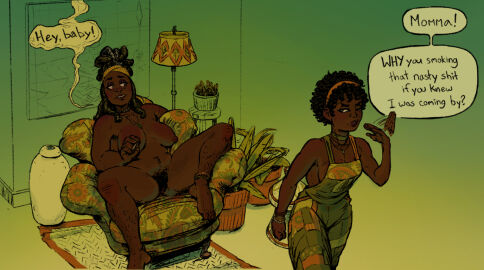 age_difference annoyed armpit_hair background black_hair chair clothed_female_nude_female dark_skin dreadlocks female green_eyes hairy_legs hairy_pussy headband hippie joint julesartstash mother_and_daughter necklace nude nude_female older_female pussy smoke text_bubble younger_female