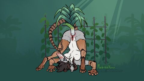 16:9 5_fingers american_opossum anal anal_sex anthro anus biped blue_eyes blush breasts female fido_(werevixen) fingers genitals hair hi_res horn mammal marsupial melthecannibal penetration plant prosthetic prosthetic_arm prosthetic_leg prosthetic_limb prosthetic_tail pussy solo widescreen