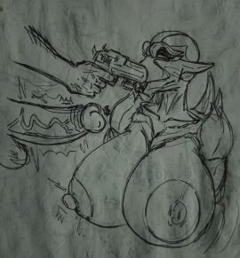 1boy 1girls areolae armored_female big_breasts big_penis blowjob_face blowjob_gesture boner breasts demon_girl doom erection female gun gunpoint huge_breasts huge_cock imp_(doom) interspecies kaxta male male/female monster_girl nightmare_waifu nipples oral penis sketch video_games