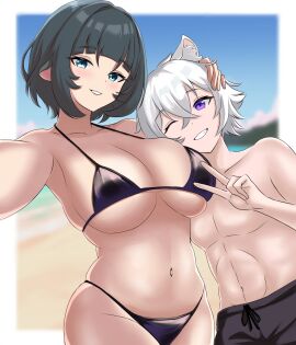 1boy 1girls beach big_breasts bikini breasts clothed female fox_ears hand_on_head jane_doe_(zenless_zone_zero) male mihoyo photo rat_ears rat_girl rat_tail selfie seth_lowell smile white_hair zenless_zone_zero