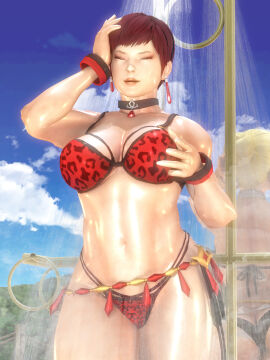 2girls 3d animal_print ass bathing bikini blonde_hair bracelet breasts brown_hair choker cleavage clothing cloud day earrings female high_resolution jewelry king_of_fighters large_breasts lips mirror multiple_females multiple_girls navel red_hair reflection short_hair showering sky solo swimsuit toned very_high_resolution vice_(kof) water wet zeroreyko