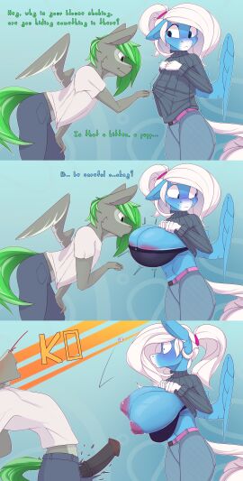 absurd_res anthro big_breasts blush bodily_fluids breasts chapaevv clothed clothing comic digital_media_(artwork) duo english_text equid equine fan_character female friendship_is_magic genitals hair hasbro hi_res impossible k.o. male male/female mammal my_little_pony mythological_creature mythological_equine mythology nipples nosebleed open_mouth pegasus penis speech_bubble text unconscious wardrobe_malfunction wings