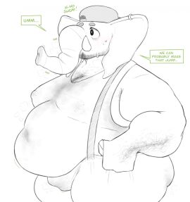 2024 anthro arm_hair armpit_hair ass backwards_baseball_cap backwards_hat baseball_cap beard big_moobs big_nipples blush blush_lines bodily_fluids body_hair bottomwear breath bulge chest_hair clothed clothing detailed_bulge dialogue ear_piercing elephant elephantid facial_hair hat headgear headwear hi_res male mammal moobs musk musk_clouds navel_outline nipple_outline nipples overalls overweight overweight_anthro overweight_male pants piercing proboscidean proboscis_(anatomy) shirt solo speech_bubble stuttering suspenders sweat sweaty_ass sweaty_butt sweaty_chest sweaty_moobs tank_top tight_clothing topwear trunk_(anatomy) tusks yuck07