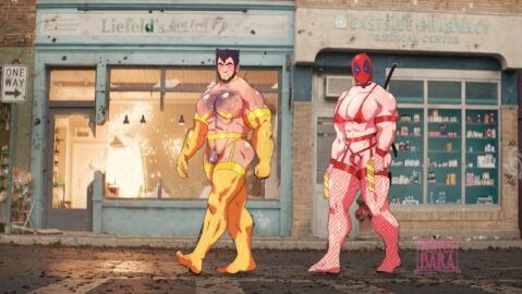 bara chastity_cage chastity_device crossdressing deadpool deadpool_&_wolverine_(2024) duo fishnet_legwear fishnets flaccid garter_belt garter_straps gloves hairy jojoventus21 lingerie lingerie_only male male_only marvel marvel_comics muscular muscular_male pasties penis stockings wolverine_(x-men) yaoi