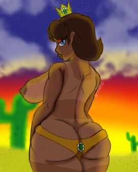 1girls ass big_ass blue_eyes brown_hair desert digital_drawing_(artwork) female human human_only mario_(series) nintendo nude nude_female princess princess_daisy royalty tan_lines tan_skin thick_thighs