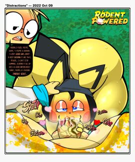 2022 absurd_res aeris_(rodent_powered) anthro black_speech_bubble border braces clothed clothing dialogue duo english_text eyewear fellatio female first_person_view generation_1_pokemon generation_2_pokemon glasses grass hat headgear headwear hi_res male male/female mostly_nude nintendo oral penile penis pichu pikachu plant pokemon pokemon_(species) pokemon_mystery_dungeon rodent_powered_(softestpuffss) sex softestpuffss speech_bubble spike_chunsoft summer_(rodent_powered) text white_border