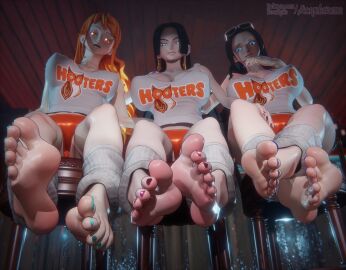 3d 3d_(artwork) 3girls aequd aequdsama black_hair blue_eyes blue_nails boa_hancock breasts clothed_female clothing female female_only foot_fetish foot_focus hooters_uniform large_breasts legwarmers light-skinned_female light_skin nami_(one_piece) nico_robin one_piece orange_eyes orange_hair perky_nipples purple_nails red_nails sitting soles