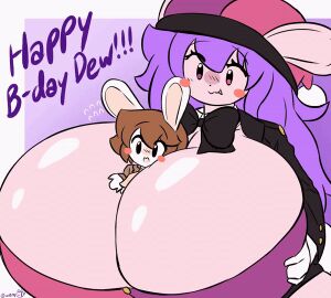 1boy 1girls :3 ?:3 ass birthday blinking blushing breasts brown_hair bubble_ass bubble_butt dewbber female giantess happy male massive_breasts oc on_breasts pressing_breasts_together purple_hair rabbit_ears santa_hat shirt_up smaller_male tagme white_gloves woebeeme