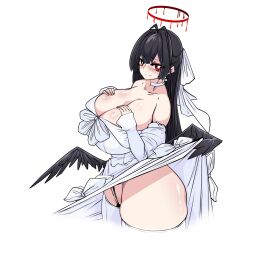 1girls absurdres antenna_hair bags_under_eyes bare_shoulders between_labia black_hair black_wings blue_archive blush breasts cleavage clothes_lift collarbone commentary_request dress female female_only frontal_wedgie hair_ribbon halo hand_on_own_chest highres huge_breasts justice_task_force_(blue_archive) korean_commentary lazy_ant lifting_own_clothes light-skinned_female light_skin long_hair looking_at_viewer melting_halo partially_visible_vulva pussy red_eyes red_halo ribbon shirt_lift solo thick_thighs thighs trinity_general_school_student tsurugi_(blue_archive) very_long_hair wedgie white_dress white_ribbon wings