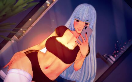 3d breasts busty female female_focus female_only king_of_fighters koikatsu kula_diamond mirror_selfie pajamas phone selfie skimpy_clothes smiling snk spidey-dude taking_picture taking_selfie thighhighs thighs