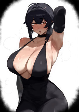 ahoge alternate_costume arm_up armpits black_hair breasts brown_eyes cleavage collarbone cowboy_shot female grace_howard gradient_background highres large_breasts long_hair looking_at_viewer open_mouth ponytail simple_background smile solo sweat timruya tuna_erozon zenless_zone_zero