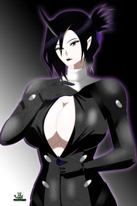 akinama_family_(noir-black-shooter) big_breasts breasts cosplay female grey_eyes huge_breasts nagao_akinama_(noir-black-shooter) noir-black-shooter oc oni oni_female oni_horns original original_character silver_eyes tall taller_female