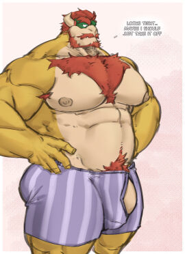1boy abs anthro anthro_male anthro_only areolae armpit_hair ass bara barely_clothed barely_covered barely_visible_genitalia barely_visible_penis beard big_ass big_butt body_hair bowser bulge chest_hair chest_tuft facial_hair flaccid hairy hairy_armpits hairy_chest hairy_male hand_on_hip hands_on_hips happy_trail horns huge_ass huge_butt humanoid humanoid_genitalia humanoid_hands humanoid_male humanoid_penis koopa large_ass large_butt male male_focus male_only male_underwear mario_(series) muscles muscular muscular_anthro muscular_arms muscular_legs muscular_male muscular_thighs mustache nintendo nipples pecs pectorals penis phosbara pubic_hair red_hair simple_background solo solo_focus solo_male talk talking text underwear underwear_only upper_body yaoi
