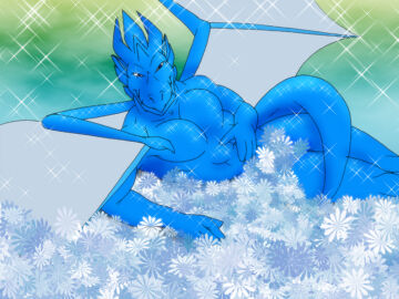 abs blue_dragon_(fabfelipe) blue_skin clouds dragon_wings fabfelipe green_sky male muscles muscular muscular_body naked pecs sparkles sparkling sparkly_flowers white_flowers