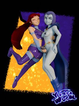 annoyed annoyed_expression artist_logo artist_name artist_signature background black_nails blush boots closed_eyes closed_eyes_smile clothed_sex covered_nipples dc dc_comics female floating futa_on_female futanari grabbing grabbing_crotch grabbing_penis hand_on_back hand_on_penis handjob intersex levitating levitation long_hair mostly_nude nipple_tape nipples penis purple_eyes purple_hair questionable_consent raven_(dc) red_hair short_hair simple_background smile smiling starfire teen_titans teen_titans_(television_series) watermark yaarnwurm