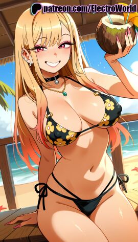 1girls 2025 ai_generated animal_print artist_name beach beach_chair bikini black_bikini black_nails blonde_hair blush breasts bust chest choker day ear_piercing earrings electroworld female grin hi_res high_quality high_resolution highres horizon jewelry kitagawa_marin leopard_print long_hair lounge_chair my_dress_up_darling nail_polish navel ocean palm_tree patreon patreon_username piercing pink_nails pool purple_nails red_nails side-tie_bikini sitting sky smile solo sono_bisque_doll_wa_koi_wo_suru stable_diffusion swimsuit tree watermark